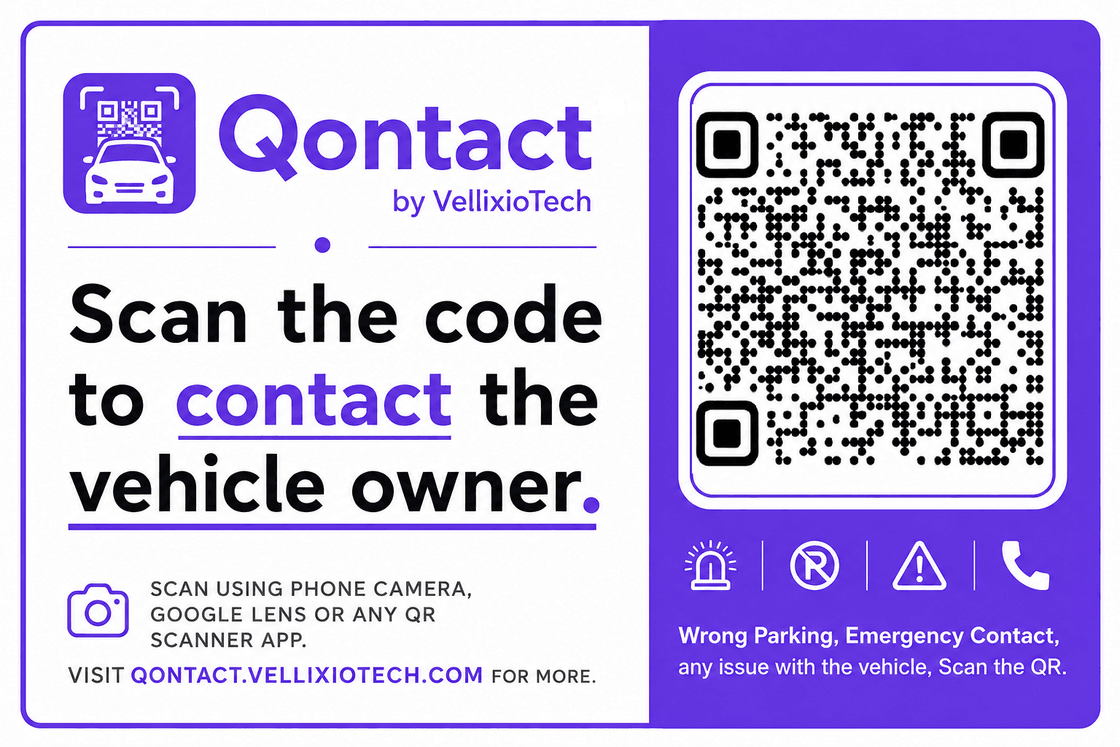 The Qontact sticker: a QR code beside the words “Scan the code to contact the vehicle owner”.